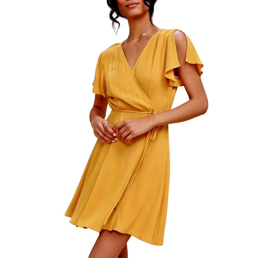 Lulus Wrap Dress Ruffle Sleeve V-Neck‎ Mini Casual Mustard Yellow Size Small